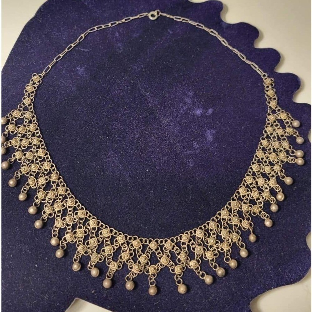 Vintage Silver Tone Choker Necklace Dainty Floral Design with Dangling Beads